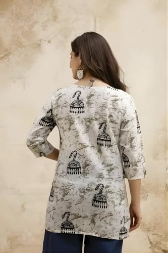 Image of Women's Cotton Printed Short Kurti, Round Neck, Three Quarter Sleeve, Straight Fit, Pack of 2