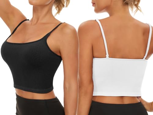 Image of Chilylori Seamless Sports Bra Cropped Tank Top with Adjustable Strap 2 Pack | Workout Tops Ribbed Sports Bra for Women Wireless Longline Crop Tank Padded Comfortable Brami