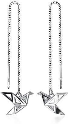 Origami Paper Crane Dangle Drop Earrings Sterling Silver Good Luck Cute Tassel Threader Long Chain Ear Line Stud Earring Minimalist Jewelry Gifts Hypoallergenic for Women Girls (White Gold)