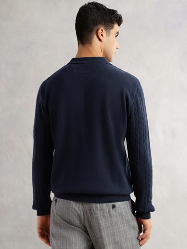 Image of Thomas Scott Men's | Regular Fit | Long Sleeves | Self Design | 100% Cotton | Button Closure | Dry Clean | Polo Collar | Knitted | T-Shirt