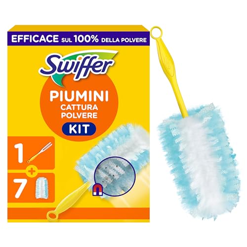 Swiffer Duster Piumini Cattura Polvere, 1 Manico e 7 Piumini, Cattura e Intrappola Polvere e Sporco, Raggiunge I Punti più Difficili della Casa, Maxi Formato