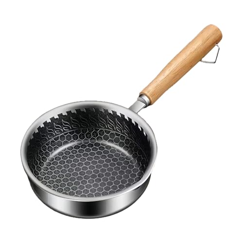 Non Stick Frying Pan - 14x13x4.5cm Stainless Steel Skillet Wooden Handle Mini Pot Durable Cookware | Eggs Fish Vegetables Pork C