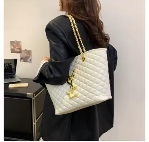 Luxury Quilted Tote Shoulder Bag with Gold Chain Strap – Large Capacity, Elegant White Handbag for Women3