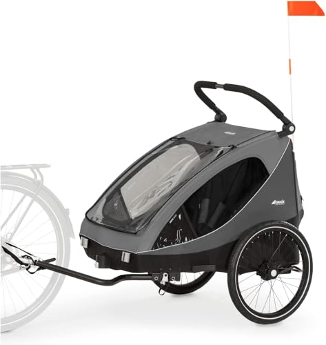hauck Dryk Duo, Grey - 2in1 Fahrradanhänger & Kinderwagen für 2 Kinder ab 6 Monaten bis 22 kg/120 cm/4 Jahre, für Zwillinge & Geschwister, Faltbar, XL Stauraum, für Fahrrad, E-Bike & Pedelec