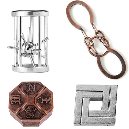 Holzsammlung 4 Piezas Rompecabezas de Metal,Juegos De Ingenio,Expande Imaginación y Creatividad Espacial,Set De Puzzles Inteligentes para Adultos y niños Juguetes