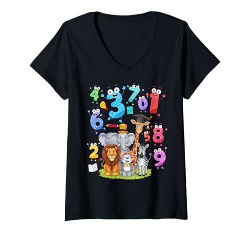 Mujer Idea de números del día de las matemáticas para niños, número de matemáticas de animales de safari Camiseta Cuello V