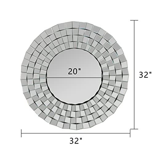 Round Mirror Wall Decor, 32'' Large Wall Mirrors With Mosaic Glass Framed, Modern 3D Decorative Silver Mirrors For Bedroom, Living Room, Entryway (Ga-M91) #TOP5