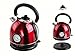 Wasserkocher mit Temperaturanzeige Rot Vintage Edelstahl Wasserkessel Wasserstandsanzeige (Teekanne, 1,8 Liter, Starke 1800 Watt, mit Thermometer, Kabellos)