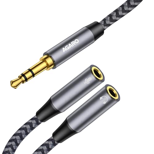 Image of AGARO Headphone Splitter TRRS Audio Splitter Headset AUX connector Adapter Y Splitter Cable Stereo Male to 2 Female Separate Compatible With PS4 X Box One Laptop Phone PC Gaming Headset Silver, 30 Cm