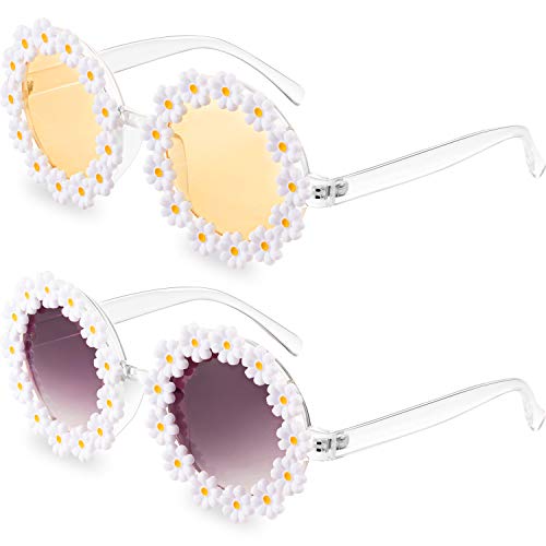2 Pairs Daisy Flower Sunglasses for Women Round Flower Glasses for Adult kids Decor with Glasses Cloth Flannel Bag