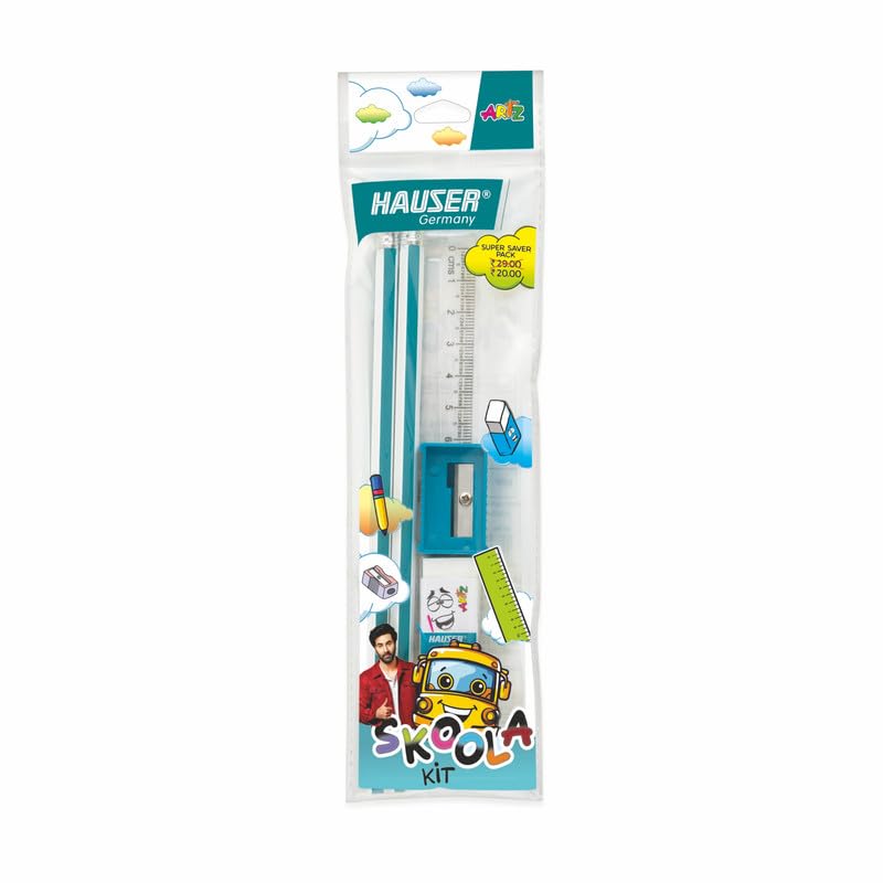 Image of Hauser Germany Skoola Mini Stationery Kit | All-in-One Stationery Solution for School, Office & College | Includes Pencil, Scale, Eraser & Sharpener | Ideal for Return Gifting | Pack of 10