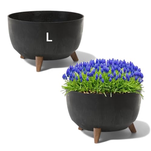 MELTOM Blumentopf mit Füßen aus Kunststoff, Schale Rund Betonmuster (Schwarz, L-40cm)