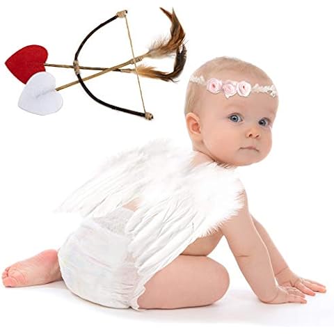 AMOR PRESENT Baby Angel Wings, 5PCS Newborn Photoshoot Clothes White Angel Feather Wing Baby Cupid Costume Set with Headband Bow Swords Photo Prop Outfit 0-18 Months Cover