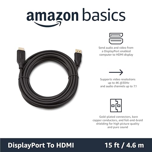 Image of Amazon Basics DisplayPort to HDMI Cable, Uni-Directional, 4k@30Hz, 1920x1200, 1080P Full HD, Gold-Plated Plugs, 15 Foot, Black