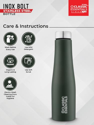 Image of CLASSIC ESSENTIALS PURO Stainless Steel Water Bottle (1000 ml) | Suitable for Fridge office, Bottle, Hiking, Treking | Eco Friendly, Leakproof, BPA Free Non-Toxic Bottle (Set of 1) (Dark Green)