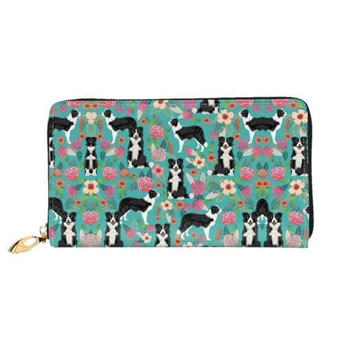 Portefeuille en cuir imprimé floral Border Collie femme grand format zippé