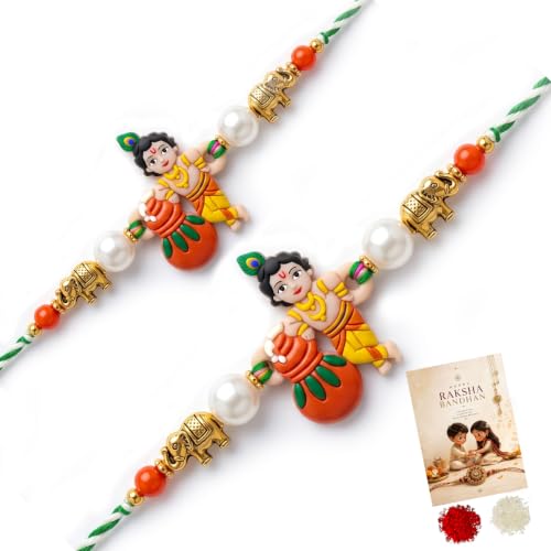 Image of Cartoon Kanha Bal Krishna and Car Rakhi for Baby /Kids Brother /Sister | Combo for Kids | Rakhi with Greeting Card & Roli Chawal
