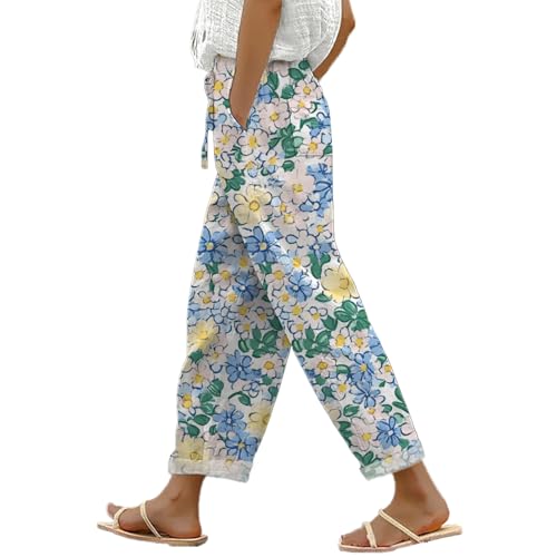 MARSVOVO Trousers for Women Trendy Wide Leg High Waist Casual Lightweight Elastic Drawstring Cropped Pants with Pockets