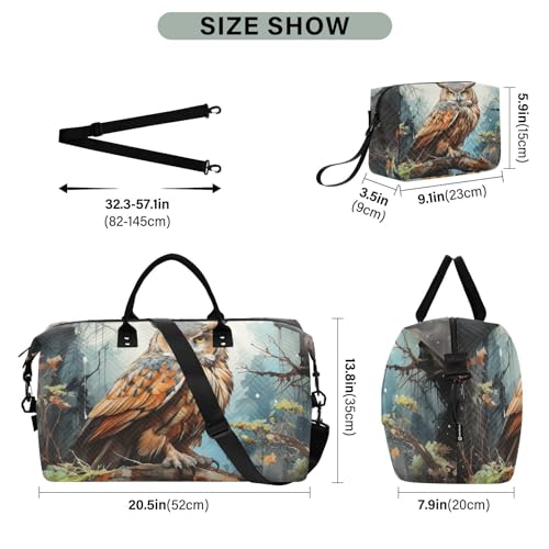 Large Travel Duffel Bag, Paint Owl Sports Tote Gym Bag, Shoulder Weekender Overnight Bag for Women Men, Carry On Luggage with Toiletry Bags3