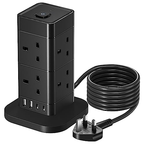 3M Tower Extension Lead with USB Slots, Hotimy 13A 8 Way Power Strip Surge Protection with 2 Type C & 2 USB-A, Multi Plug Extension Tower Black 3 Meters Extension Cord for Home, Office