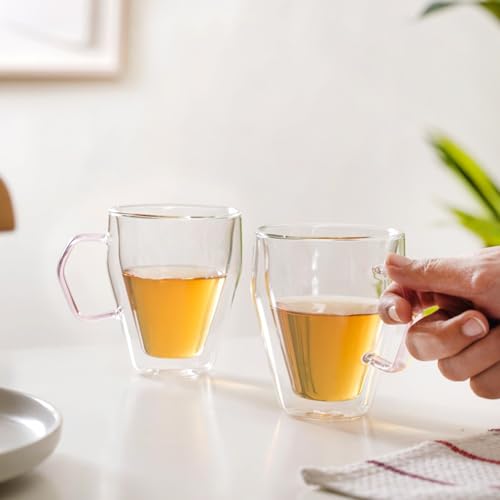 Image of Nestasia Double Wall Borosilicate Glass Mugs Set of 2 (250ml Each) - Microwave & Dishwasher Safe Transparent Glass Tea Cups with Pink Handles | Food Safe & Durable Coffee Mugs - Ideal for Gifting