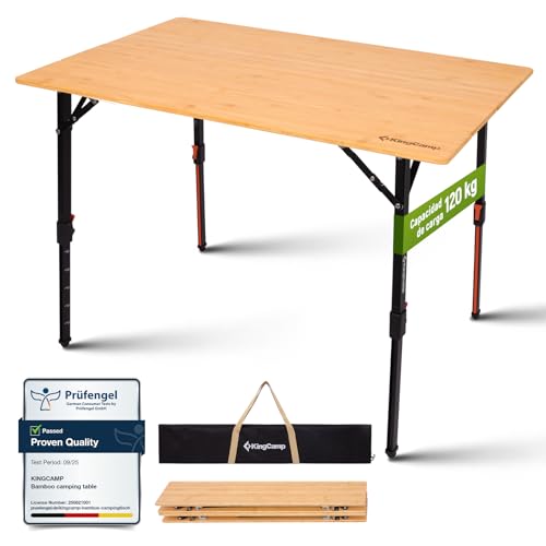 KingCamp Mesa de Camping Plegable de bambú Natural, Altura Ajustable (42 70 cm), Capacidad de Carga de 120 kg, Plegable Resistente para Camping, jardín y Picnic