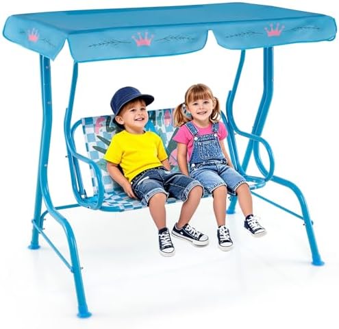 HONEY JOY Kids Patio Swing, 2-Seater Outdoor Porch Swing Lounge Chair, Adjustable Canopy & Safety Belt, All Weather Resistant Waterproof Hanging Swing Bench for Garden Poolside Balcony(Blue Flamingo)