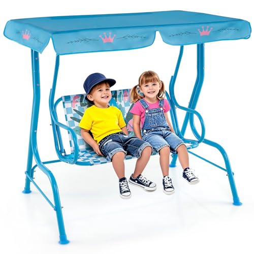 HONEY JOY Kids Patio Swing 2-Seater Outdoor Porch Swing Lounge Chair Adjustable Canopy & Safety Belt All Weather Resistant Waterproof Hanging Swing Bench for Garden Poolside Balcony(Blue Flamingo)