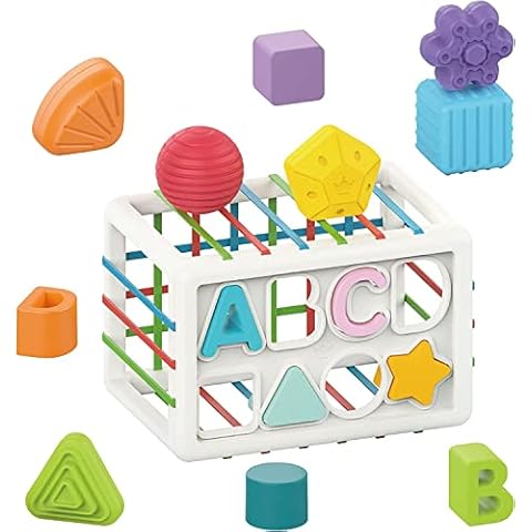 EARSOON Baby Shape Sorter Toys, Baby Sensory Box, Colorful Cube with Elastic Bands, Sensory Sorting Bin for Early Educational Toys for Babies and Toddlers, Baby toy for 18 months(14PCS) Cover