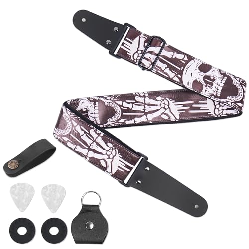 Image of Adjustable Guitar Strap Includes 2 Strap Locks & 2 Matching Picks & 1 Picks Holder & 1 leather Strap Button.