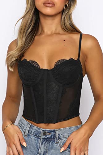 Dealmore Going Out Tops For Women Sexy Lace Mesh Corset Top Summer Spaghetti Strap Party Bustier Cami Crop Tops #TOP1