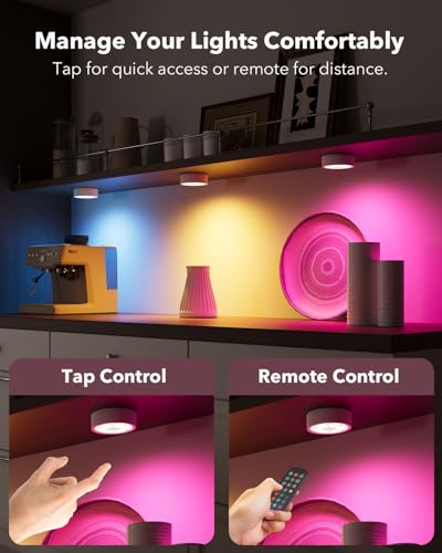 Image of 2400mAh USB Rechargeable Puck Lights, Motion Sensor Cabinet Lighting | RGB Color Changing, Magnetic, Timer, Wireless Stick On Closet Lighting for Kitchen Cupboard, Stair, Display Shelf, Showcase