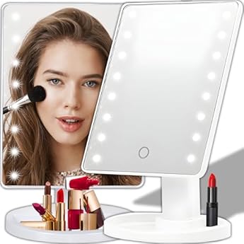 Foto di Retoo Specchio Cosmetico con Illuminazione LED, Rotazione Completa 360°, Inclinazione Regolabile 180°, Base Stabile con Ripiano per Accessori, Miroir da Trucco Elegante per Bagno e Toilette