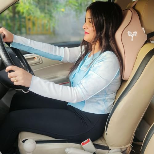 Image of Grin Health SitRight Pro Car Neck Rest Pillow & Lumbar Back Support Cushion Combo -Large Plus | Memory Foam Neck Support + Orthopedic Backrest for Driving Car Comfort Combo Pillow Cushion Set, Beige
