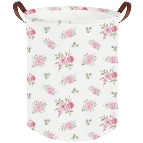 Image of Pink Flower Laundry Basket,Nursery Baskets Girl Baby Storage Bins,Baby Girls Nursery Hamper,Waterproof foldable laundry basket,Gift Baskets,Pink Rose room Decor(Pink Rose)