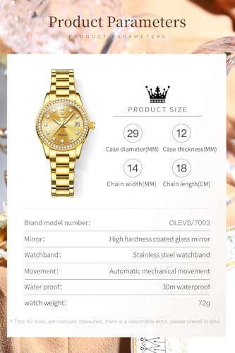 OLEVS Ladies Diamond Watches Automatic Mechanical Luxury Dress Classic Self Winding Stainless Steel Wrist Watch for Women(Gold/Blue/Black/White Dial) - Image 6