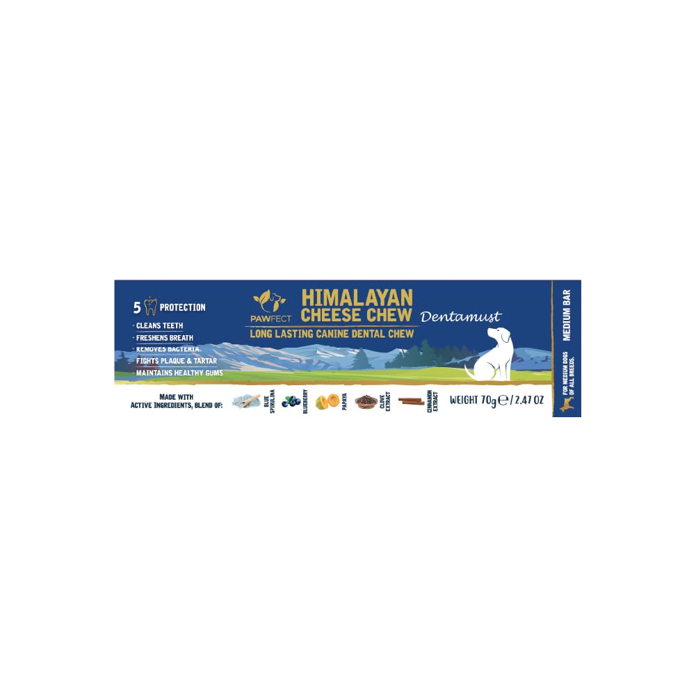 Pawfect Dentamust Himalayan Yak Cheese Chews with Blueberry & Papaya for Medium Dogs- Long Lasting Dental Chews with Superfoods -100% Natural
