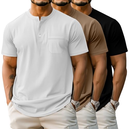 Riyiper 3 Pack Men's Big and Tall Henley T-Shirts, Short Sleeve Pocket Cotton Loose Fit Shirt Summer Oversized Button Tee2