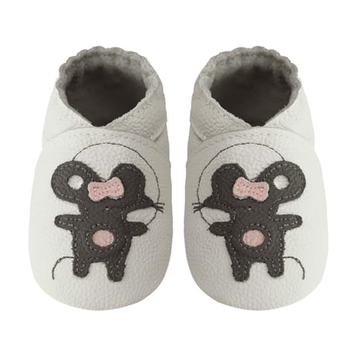 mepiq Toddler Moccasins Baby Shoes with Suede Sole, Soft Leather Anti Slip Crib Walking Baby Shoes Suitable for Indoor First Walking Mouse - White 0-6Months