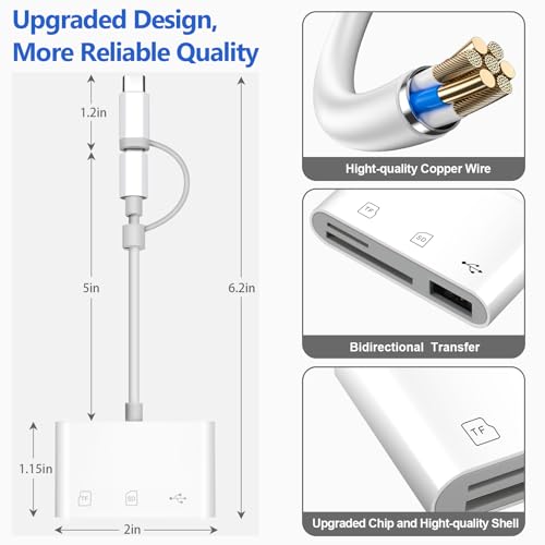 SD Card Reader for iPhone/Android, HCYEBT Memory Card Reader Supports SD/MicroSD Card and USB Devices, Built-in iOS & USB-C Dual Connectors Card Adapter, No App Required Plug and Play