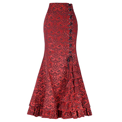 Jupe longue gothique en jacquard rouge pour femme en grande taille XXXL style rétro