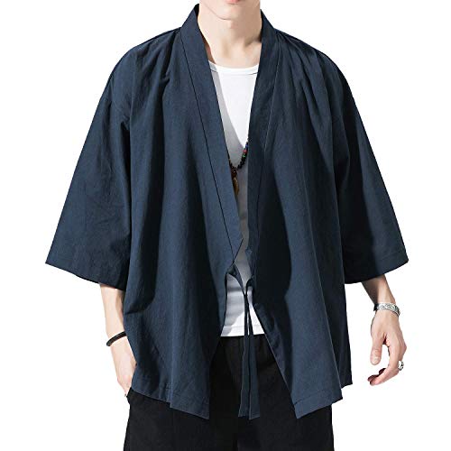 Image of PRIJOUHE Men's Kimono Jackets Cardigan Lightweight Casual Cotton Blends Linen Seven Sleeves Open Front Coat Outwear