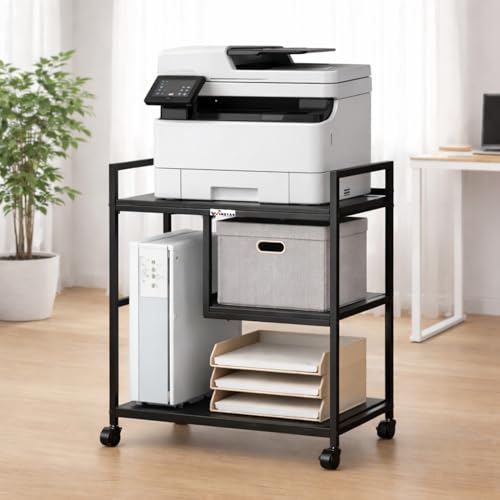 Image of WINSTAR Large Printer Stand with Storage Shelf for Home Office Organization | Made in India Printer Table on Wheels, Shredder & CPU Stand, Rolling Cart for Computer (Black, Split Shelf-31x24x18 in)