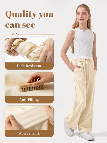 Image of Rolanko Girls Wide Leg Linen Pants Breathable Flowy Palazzo Trousers for School Beach Daily Wear 9-15 Years