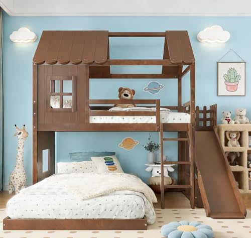 Image of Bellemave Bunk beds Twin Over Full with Slide,Ladders,Bookshelf and Wardrobe House roof Design, Low bunk /loft Bed for Kids, Deep Natural