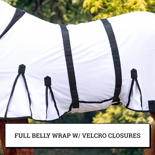 Image of Horse Fly Sheet with Attached Neck Cover & Tail Flap | UV Protection Mesh Horse Blanket, Full Body Bug & Sun Shield, Buckles, Belly Wrap & Gussets for Spring Summer Riding Rug (White, 76 inch)