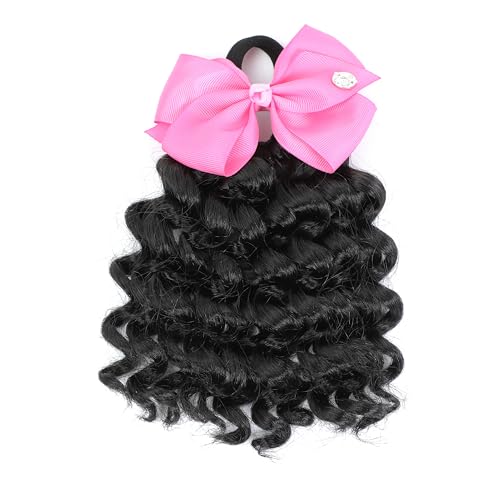 Kids Ponytail Curly Braids Hair Extension Detachable Synthetic Curly Hairpieces With Bows Protective Easy Hairstyle For Girls Toddlers Children Gift (Natural Black, Curly-6Inch(2pcs))