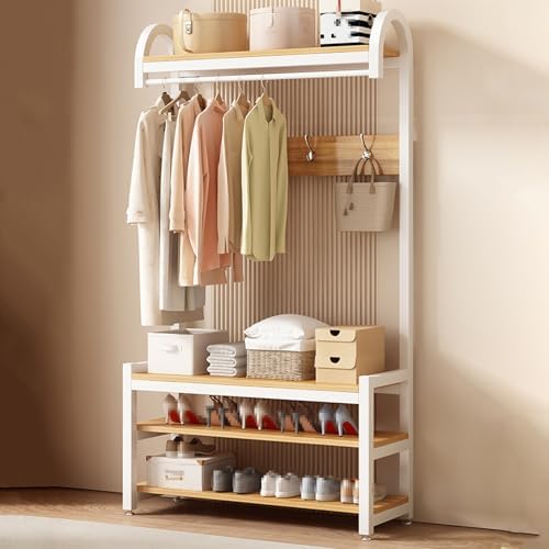 Freestanding Entryway Hall Tree with Coat Rack, Shoe Bench, 2 Hooks & 3 Tier Storage Shelf, Perfect for Dorms & Apartments