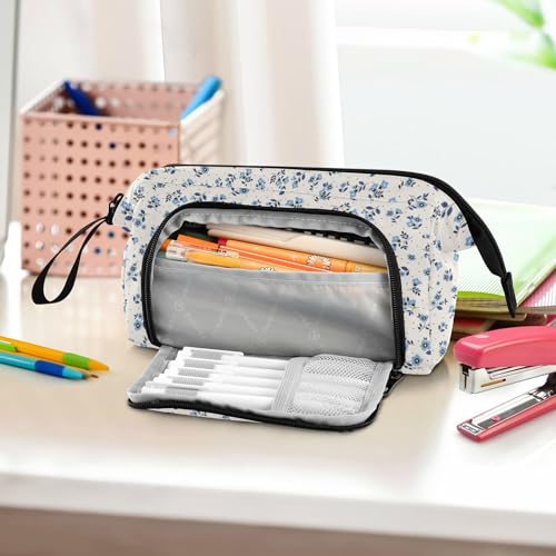 Image of Fisyme Floral Blue Flowers Pencil Case Large Capacity Pencil Pouch Pen Bags Box Big Makeup Pencil Case Organizer