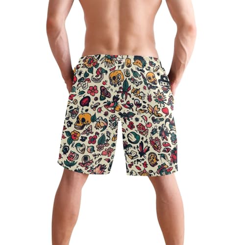 Quick Dry Retro Tattoo Men's Swimming Shorts Swim Trunks with Mesh Lining Beach Wear - S2
